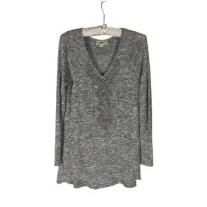 energe Sweater S Women's Gray Vneck Embellished Long Sleeve Knit Tunic Emo Goth